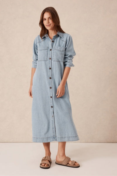 Long Sleeve Yoke Detail Midi Dress | Mid Blue Wash