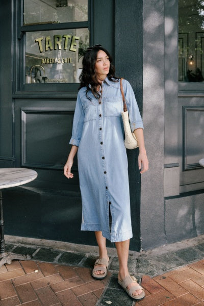 Long Sleeve Yoke Detail Midi Dress | Mid Blue Wash