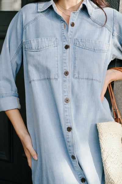 Long Sleeve Yoke Detail Midi Dress | Mid Blue Wash