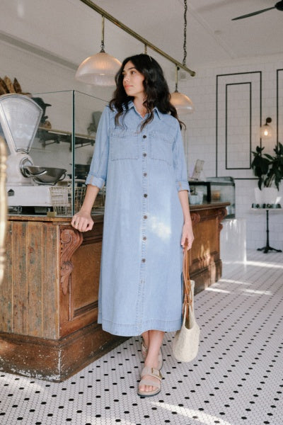 Long Sleeve Yoke Detail Midi Dress | Mid Blue Wash