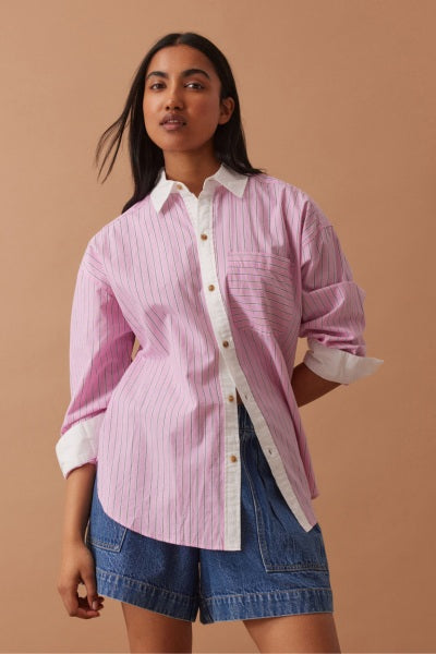 Peta Oversized Shirt | Hibiscus Pink Triple Stripe White Collar