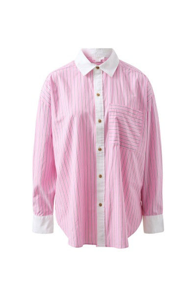 Peta Oversized Shirt | Hibiscus Pink Triple Stripe White Collar
