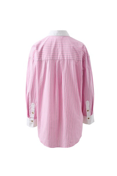 Peta Oversized Shirt | Hibiscus Pink Triple Stripe White Collar