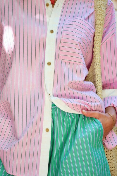 Peta Oversized Shirt | Hibiscus Pink Triple Stripe White Collar