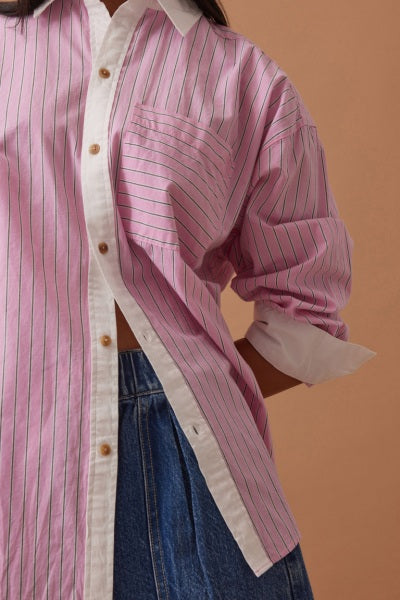 Peta Oversized Shirt | Hibiscus Pink Triple Stripe White Collar