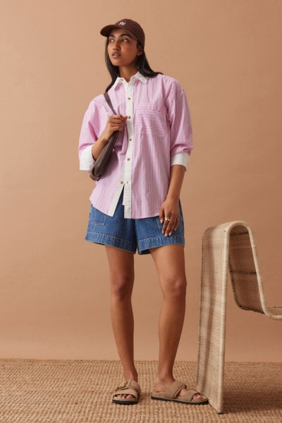 Peta Oversized Shirt | Hibiscus Pink Triple Stripe White Collar