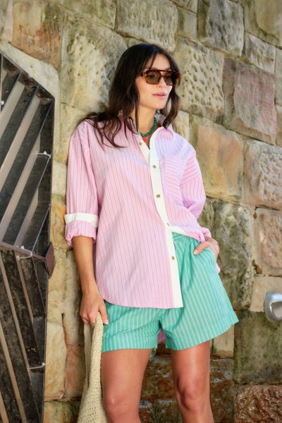 Peta Oversized Shirt | Hibiscus Pink Triple Stripe White Collar