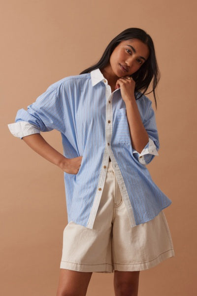Peta Oversized Shirt | Powder Blue Triple Stripe White Collar