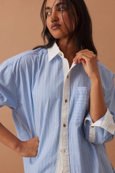 Peta Oversized Shirt | Powder Blue Triple Stripe White Collar