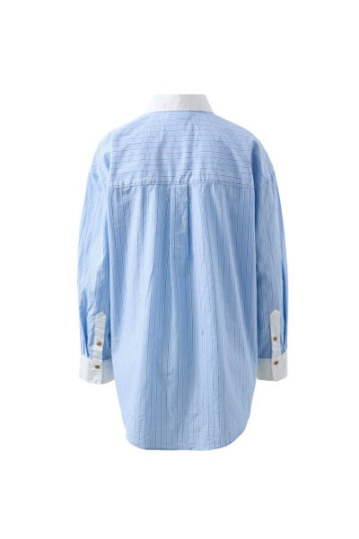 Peta Oversized Shirt | Powder Blue Triple Stripe White Collar