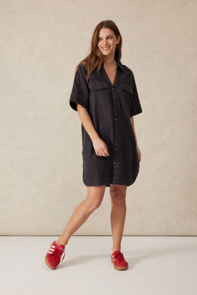 Relaxed Shirt Dress | Washed Black Twill