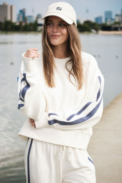 Sporty Slouchy Crew | Winter White Side Stripe