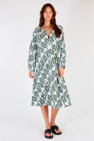 Sakanto L/S Button Dress Verde White