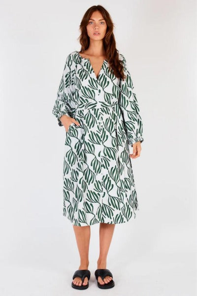 Sakanto L/S Button Dress Verde White