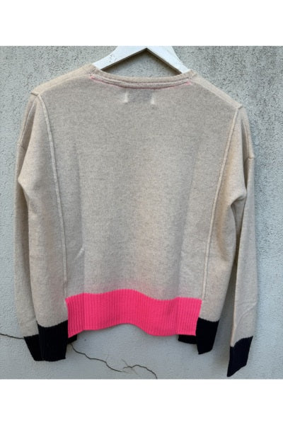100% Cashmere – Step Hem Knit – Oatmeal / Pink & Navy