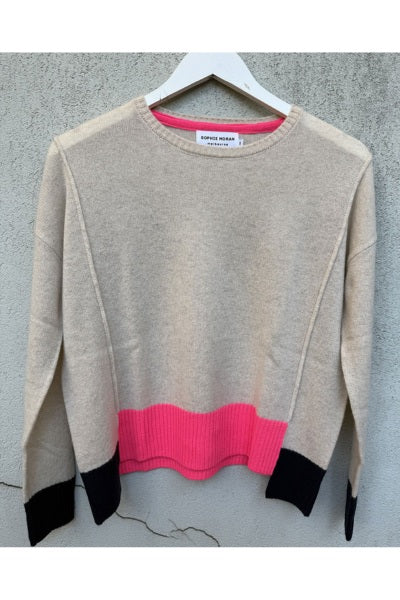 100% Cashmere – Step Hem Knit – Oatmeal / Pink & Navy