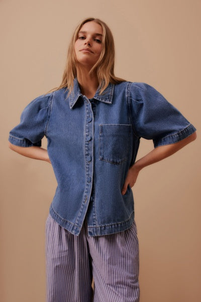 Dylan Pleat Sleeve Denim Shirt | Fresh Indigo