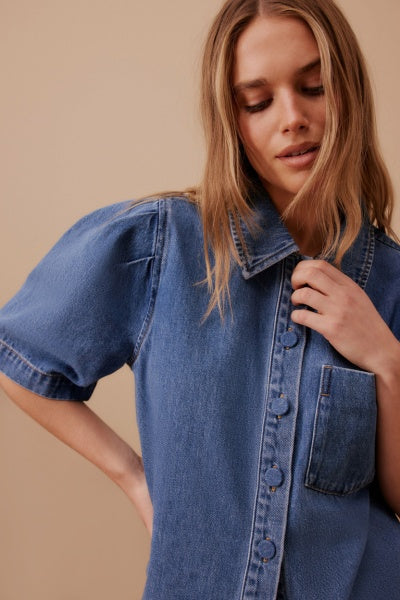 Dylan Pleat Sleeve Denim Shirt | Fresh Indigo