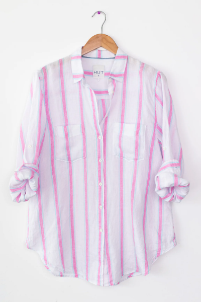 Pink Blue Stripe Boyfriend Linen Shirt