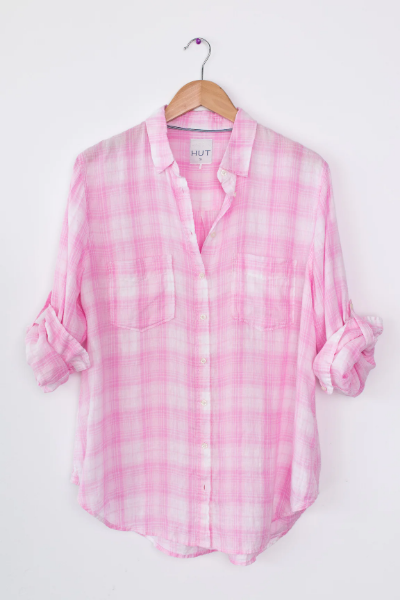 Pink Plaid Boyfriend Linen Shirt